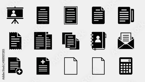 A collection of digital document icons displayed on a clean white background, showcasing various file types and formats from a straightforward viewpoint.