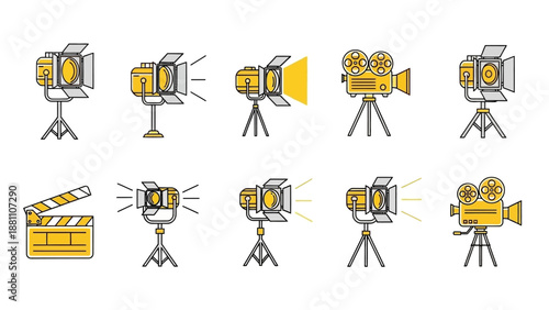 A collection of studio lights and camera equipment icons on a plain white background from a straightforward viewpoint