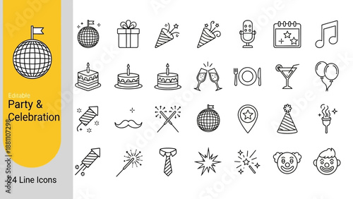 Collection of party and celebration icons in line style on white background, various objects and symbols, flat design