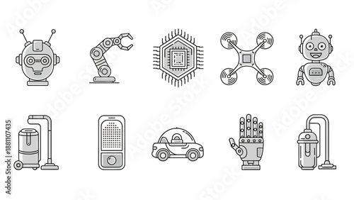 Collection of robotic machinery and vehicle icons in a technical illustration style