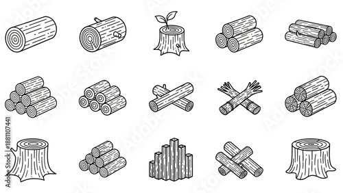 Assorted wooden logs and tree stumps illustration showcasing various forestry elements in a detailed black and white graphic design