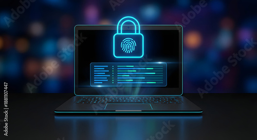 laptop computer displaying glowing blue biometric fingerprint scanner and padlock icon on screen for secure data protection cyber security authentication and digital privacy