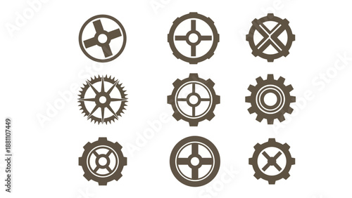 A collection of mechanical gears and cogs displayed in a grid pattern, showcasing various designs and structures, viewed from a straightforward perspective, relating to industry and technology.
