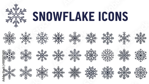 Collection of Snowflake Icons in Various Designs and Patterns Displayed on a Plain Background