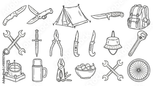 Collection of camping and outdoor adventure tools and equipment illustrations displayed neatly in a grid layout