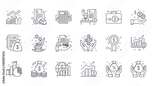 Collection of business icons representing finance, growth, and productivity in a simple line art style on a clean background