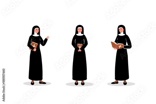 Nuns from different angles. Women in black monk's robes with bibles in their hands. Three nuns at church service. Flat vector. 