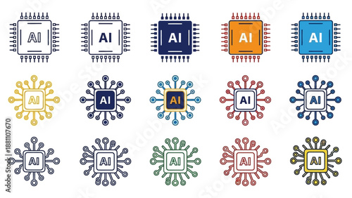 A collection of AI-themed microchip icons in various colors and designs, showcasing different styles and creativity in a grid layout.