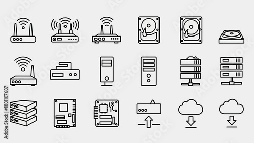 Collection of technical icons representing various computer hardware and networking devices in a grid layout