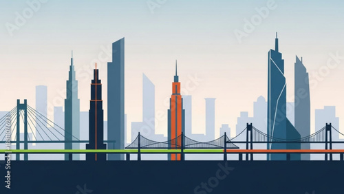 City skyline with modern skyscrapers and bridges in a urban landscape setting at dusk or dawn