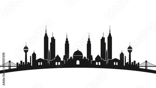 Black silhouette of a city skyline with bridge and tall buildings
