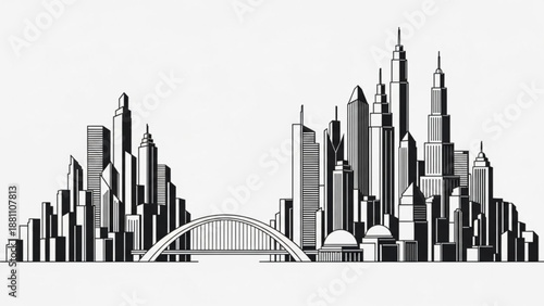 Black and white illustration of a city skyline with a bridge and skyscrapers