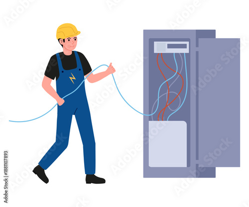 Electrician in blue overall and yellow helmet checks wires in electrical panel. Electrical distribution cabinet in flat style