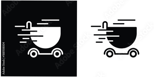 This silhouette icon illustrates a shopping cart in motion, enhanced with dynamic speed lines to clearly represent fast shopping, instant checkout, or flash sale activity