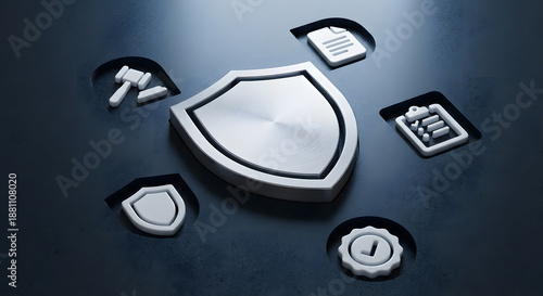 3d silver shield icon surrounded by law gavel document and checklist symbols on dark textured background representing legal protection compliance insurance and data security
