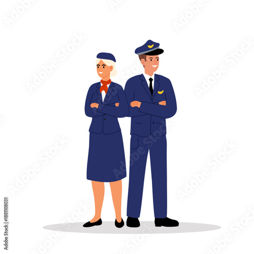 Flight crew. Pilot and stewardess standing full height. Friendly, smiling man and woman in blue suits. Flat vector illustration.