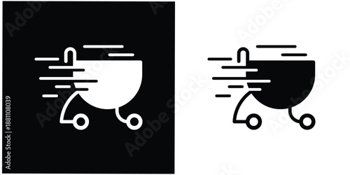This silhouette icon illustrates a shopping cart in motion, enhanced with dynamic speed lines to clearly represent fast shopping, instant checkout, or flash sale activity