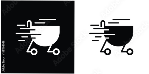 This silhouette icon illustrates a shopping cart in motion, enhanced with dynamic speed lines to clearly represent fast shopping, instant checkout, or flash sale activity