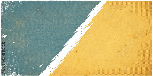 Grungy old paper texture overlaying a green soccer pitch with white stadium lines and goal markings for a vintage sports competition background