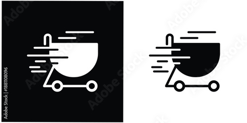 This silhouette icon illustrates a shopping cart in motion, enhanced with dynamic speed lines to clearly represent fast shopping, instant checkout, or flash sale activity