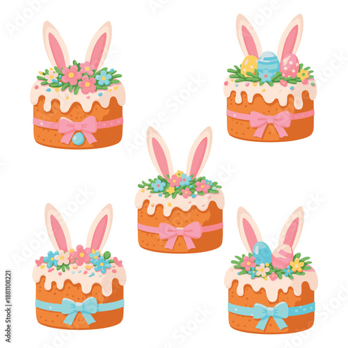 A collection of cute Easter cakes decorated with bunny ears, pastel flowers, colorful eggs, white icing, and ribbon bows in a flat vector style.