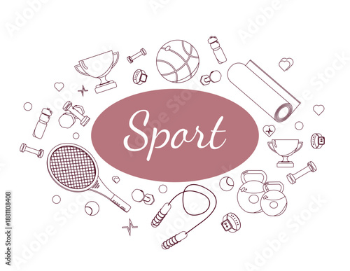 Various sports equipment and accessories. Word Sport written in illustration center. Balls for various games and sports equipment.