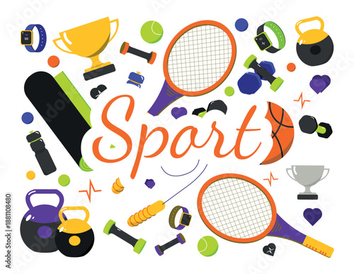 Sports intentar set. Kettlebell, racket, balls, skipping rope, dumbbells, cup. Flat vector illustration for sports clubs, shops