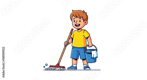 A cheerful cartoon boy holding a mop and bucket, standing on a clean white background with a bright and playful mood.