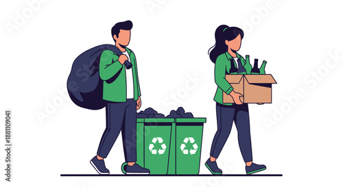 Two people walking with recycling bin and cardboard box on plain white background.