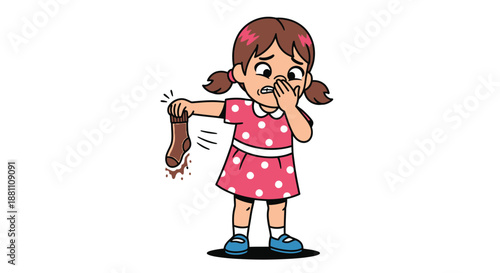 A cartoon girl in a pink dress covering her mouth with her hand and holding a stinky brown object.