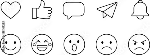 Social media interaction icons set. Like, comment, share, notification and user engagement outline symbols