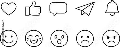 Social media interaction icons set. Like, comment, share, notification and user engagement outline symbols