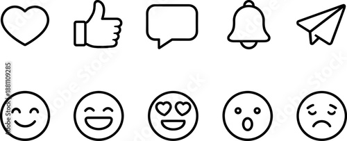 Social media interaction icons set. Like, comment, share, notification and user engagement outline symbols
