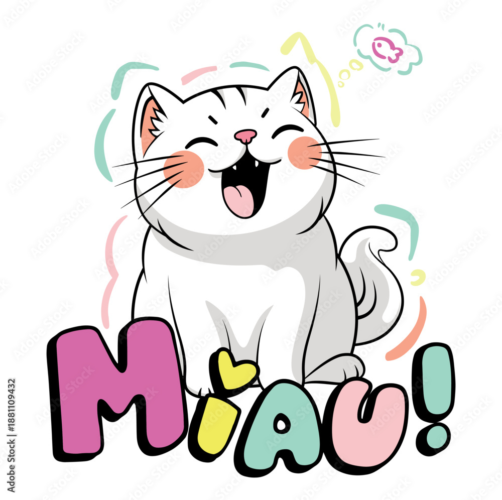 Fototapeta premium Cute kawaii style illustration of a happy cartoon cat with pastel colors and playful expression. Perfect for stickers, t-shirt designs, kids products, greeting cards, stationery, and cute merchandise.