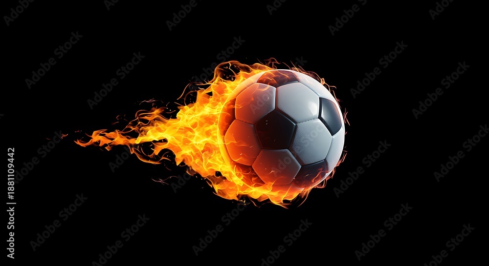 Naklejka premium Soccer ball on fire with flames trailing behind it moving fast