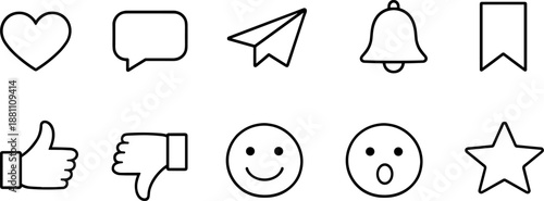 Social media interaction icons set. Like, comment, share, notification and user engagement outline symbols