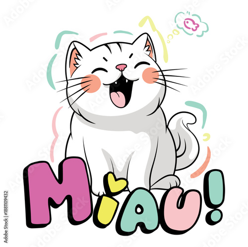 Cute kawaii style illustration of a happy cartoon cat with pastel colors and playful expression. Perfect for stickers, t-shirt designs, kids products, greeting cards, stationery, and cute merchandise.