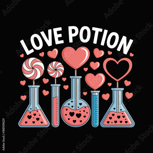 Vibrant heart-shaped elements are creatively integrated into five lab flasks filled with different potions.
