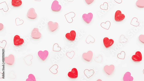 Glossy Candy Hearts Seamless Pattern with Thin Outlines. Red and Pink Sweet 3D Style Love Symbols on White Background for Valentine's Day Wrapping Paper.