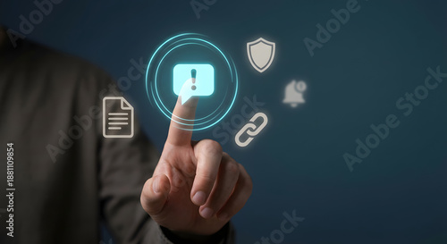 person interacting with glowing digital warning alert icon and system error symbols representing cybersecurity risk management data breach notification and technical support