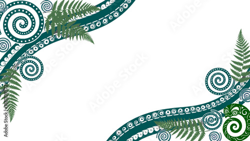 Teal Maori Koru Spiral Border with Silver Fern Leaves. Traditional New Zealand Tribal Art Frame Vector Illustration for Waitangi Day Background.