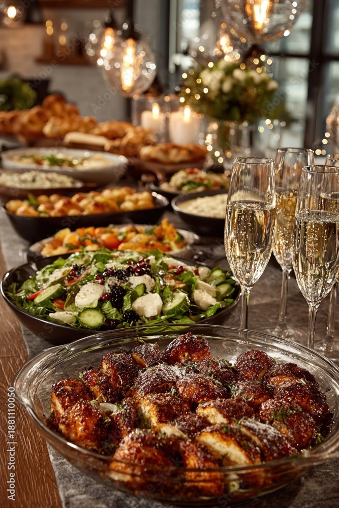 Obraz premium Buffet table full of New Yeara??s Eve dishes and drinks, festive indoor setup