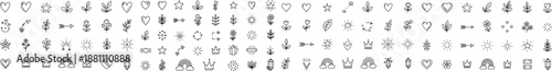 Big set of hand drawn boho doodle icons. Vector sketch hearts, stars, flowers, leaves and crystals. Cute black line art dividers and decoration elements for bullet journals and wedding stationery