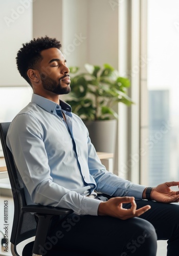 Relaxed young African man sitting on office chair and meditating for work stress relief
