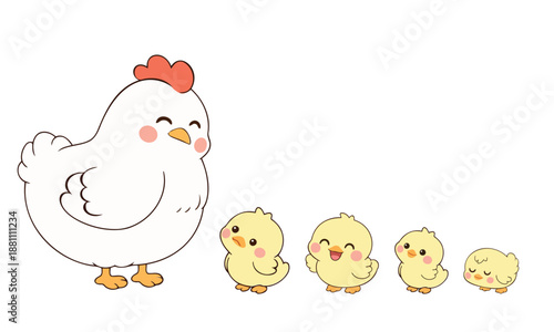 Cute mother hen and baby chick illustration set showing growth stages in soft pastel tones, designed for children’s books, nursery decor, farm themes, and playful educational graphics.