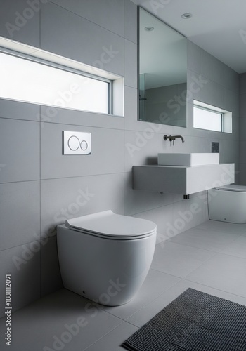 New white ceramic toilet bowl in modern bathroom interior for home renovation and sanitary concept