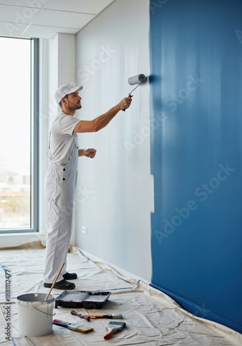 Professional painter painting office wall with roller brush for commercial renovation and maintenance service
