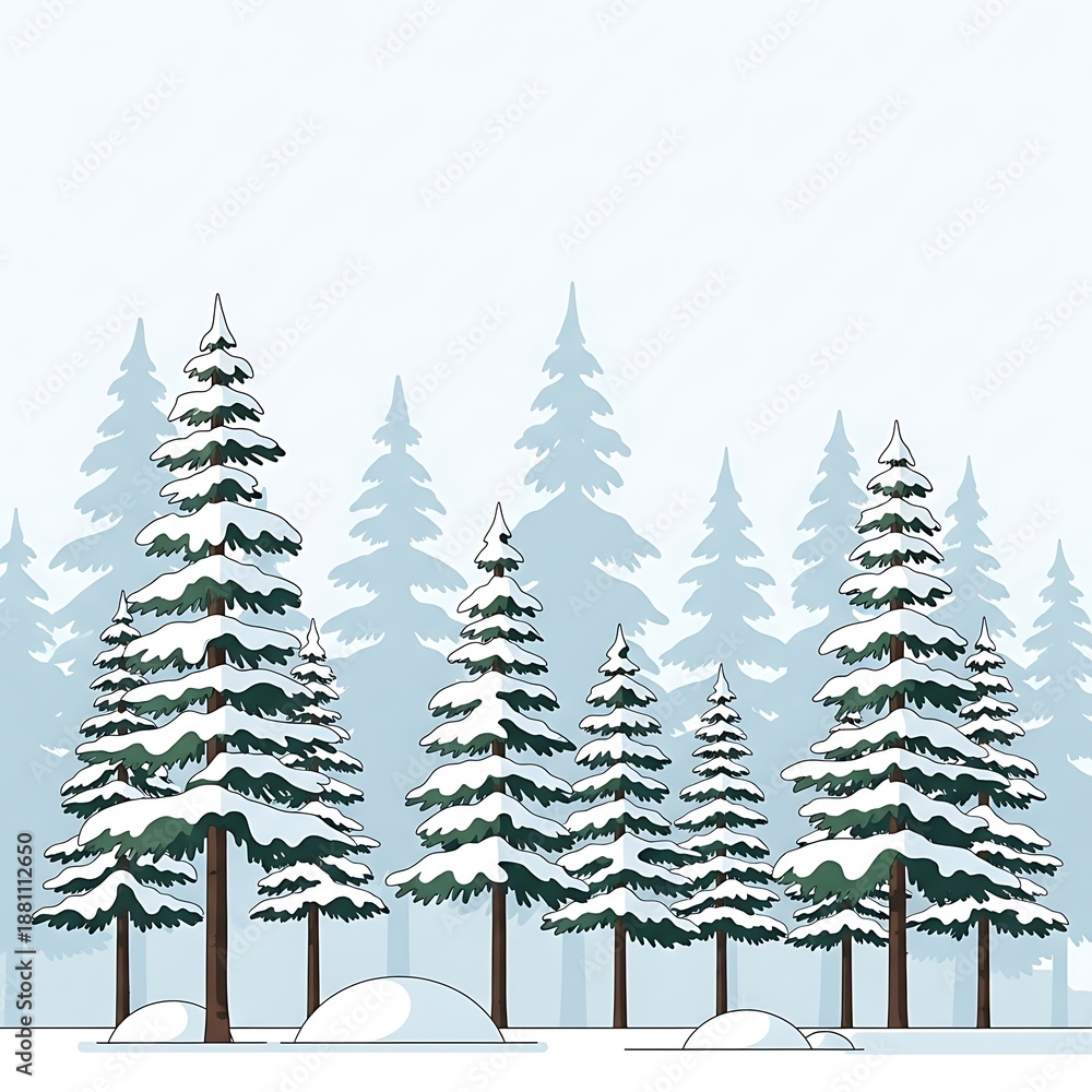 Obraz premium Snow covered evergreen trees in a serene winter forest landscape with frosty atmosphere and soft lighting