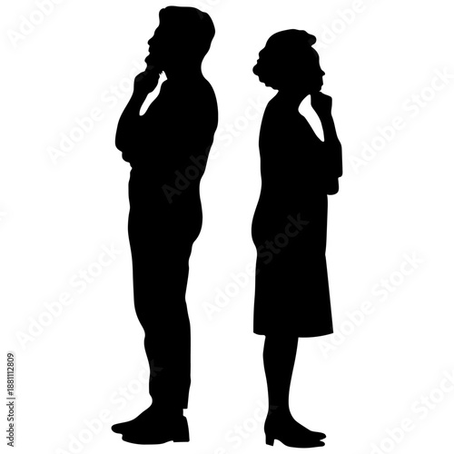 考えるシニア男女のシルエットイラスト