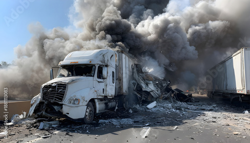A massive truck lies wrecked on the highway after a catastrophic explosion, sending debris flying into the air. Smoke billows from the shattered vehicle, highlighting the risks drivers face daily.